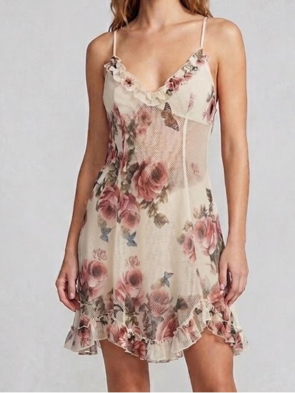 Women’s XL Y2K Floral Mesh Ruffle Babydoll Romantic Coquette Cottagecore Mini